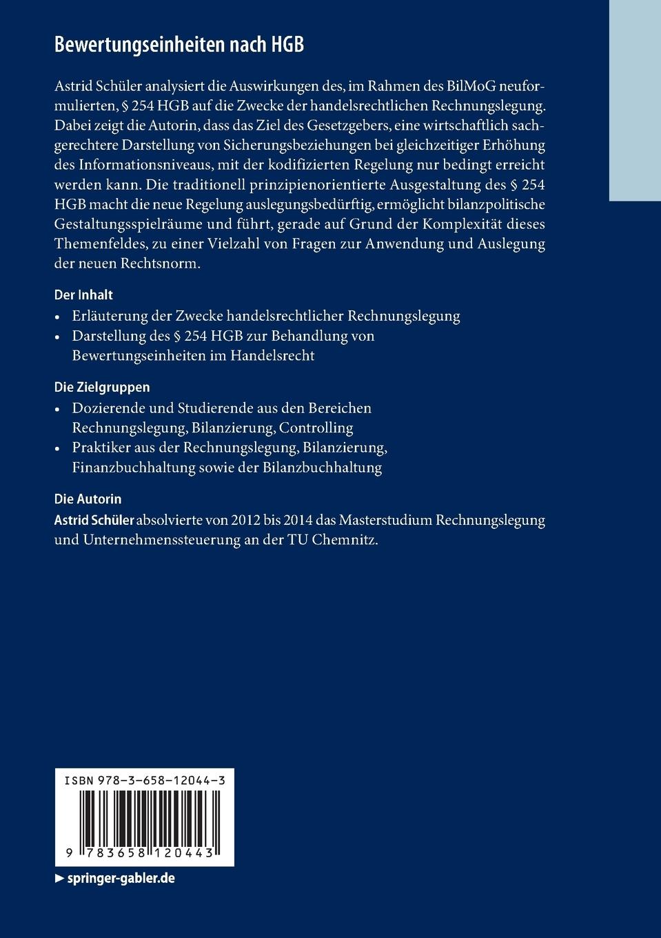 Rückseite: 9783658120443 | Bewertungseinheiten nach HGB | Kritische Würdigung des § 254 HGB | xv