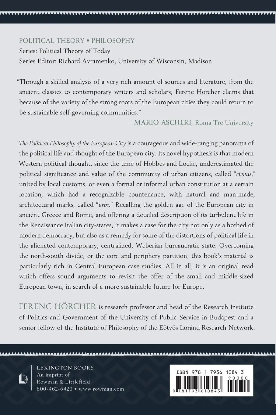 Rückseite: 9781793610843 | The Political Philosophy of the European City | Ferenc Hörcher | Buch