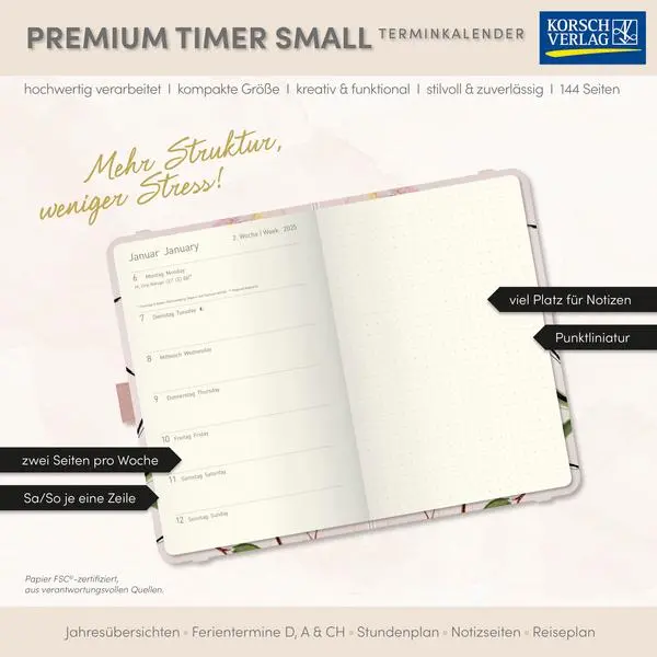 Bild: 9783731890843 | Premium Timer Small "Bloom" 2026 | Verlag Korsch | Buch | 144 S.