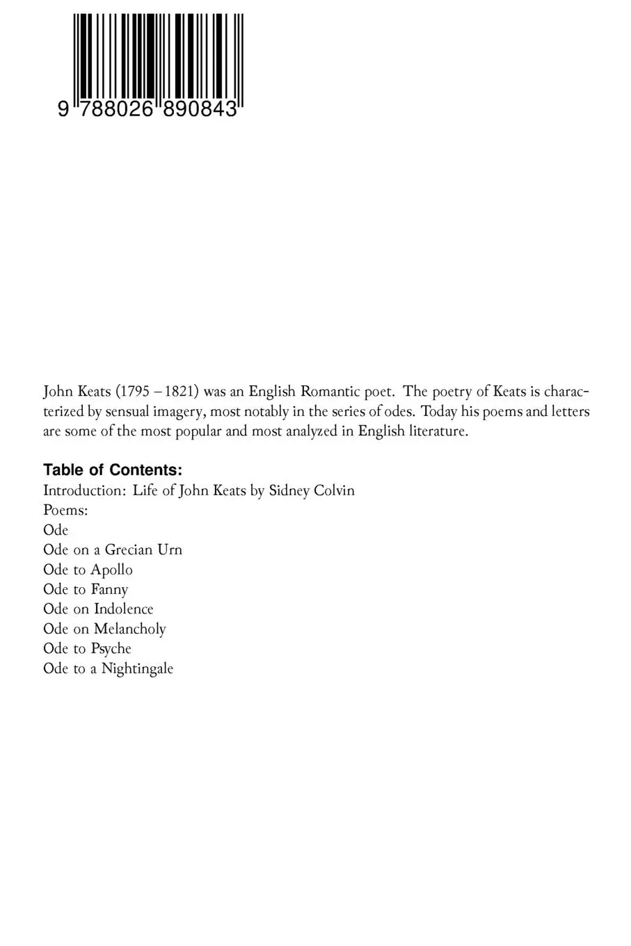 Rückseite: 9788026890843 | The Odes (Complete Edition) | John Keats | Taschenbuch | Englisch