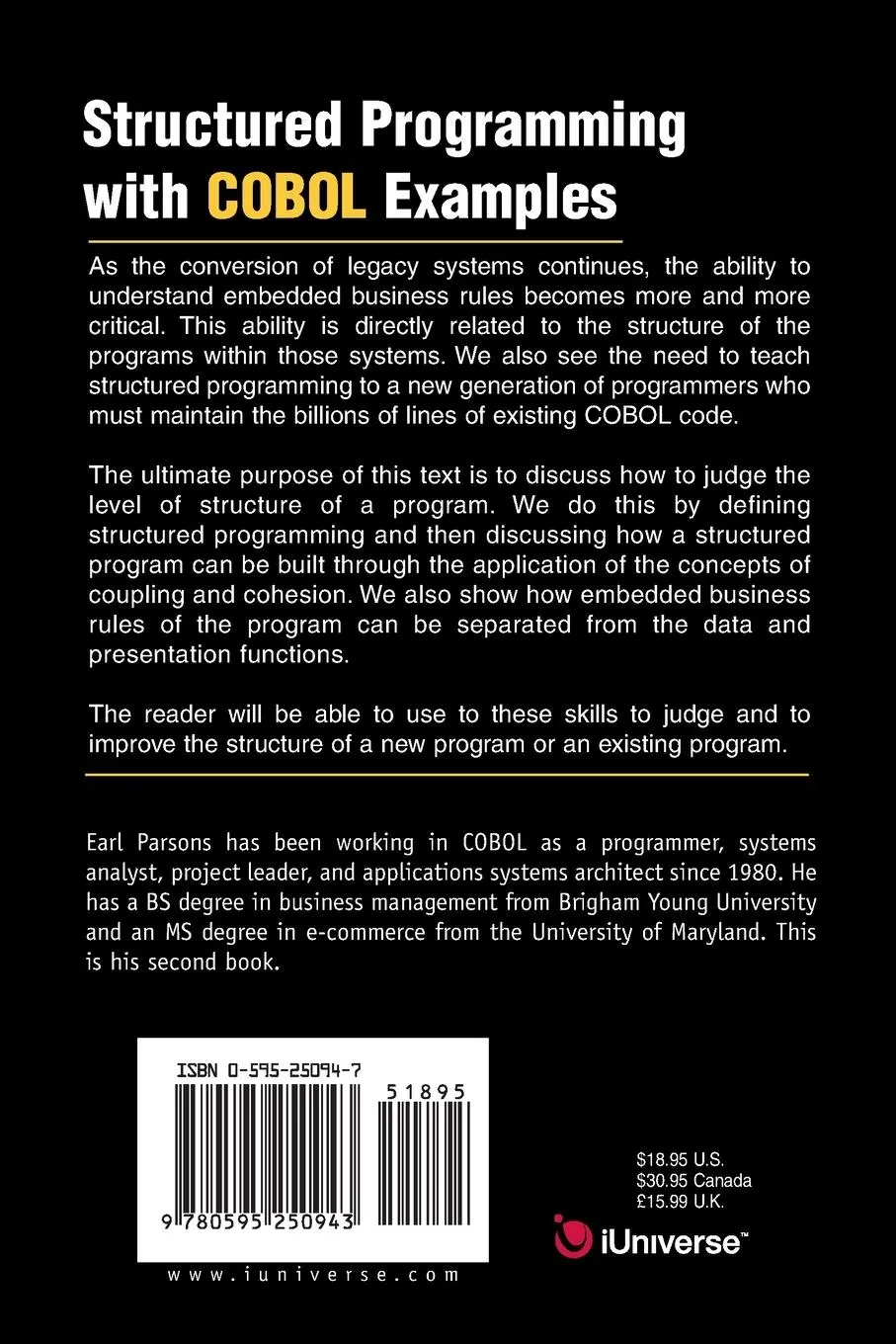 Rückseite: 9780595250943 | Structured Programming with COBOL Examples | Earl H. Parsons | Buch