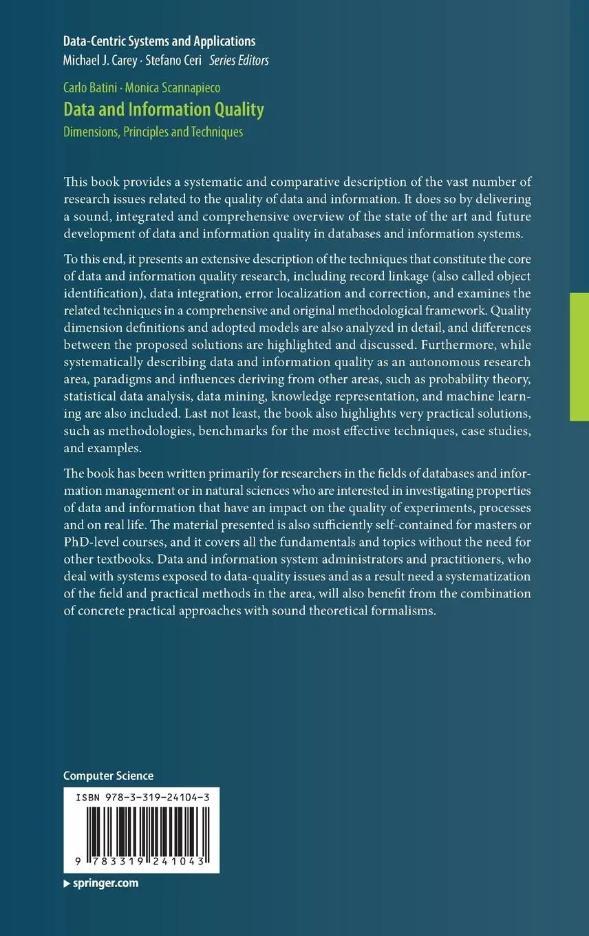 Rückseite: 9783319241043 | Data and Information Quality | Dimensions, Principles and Techniques
