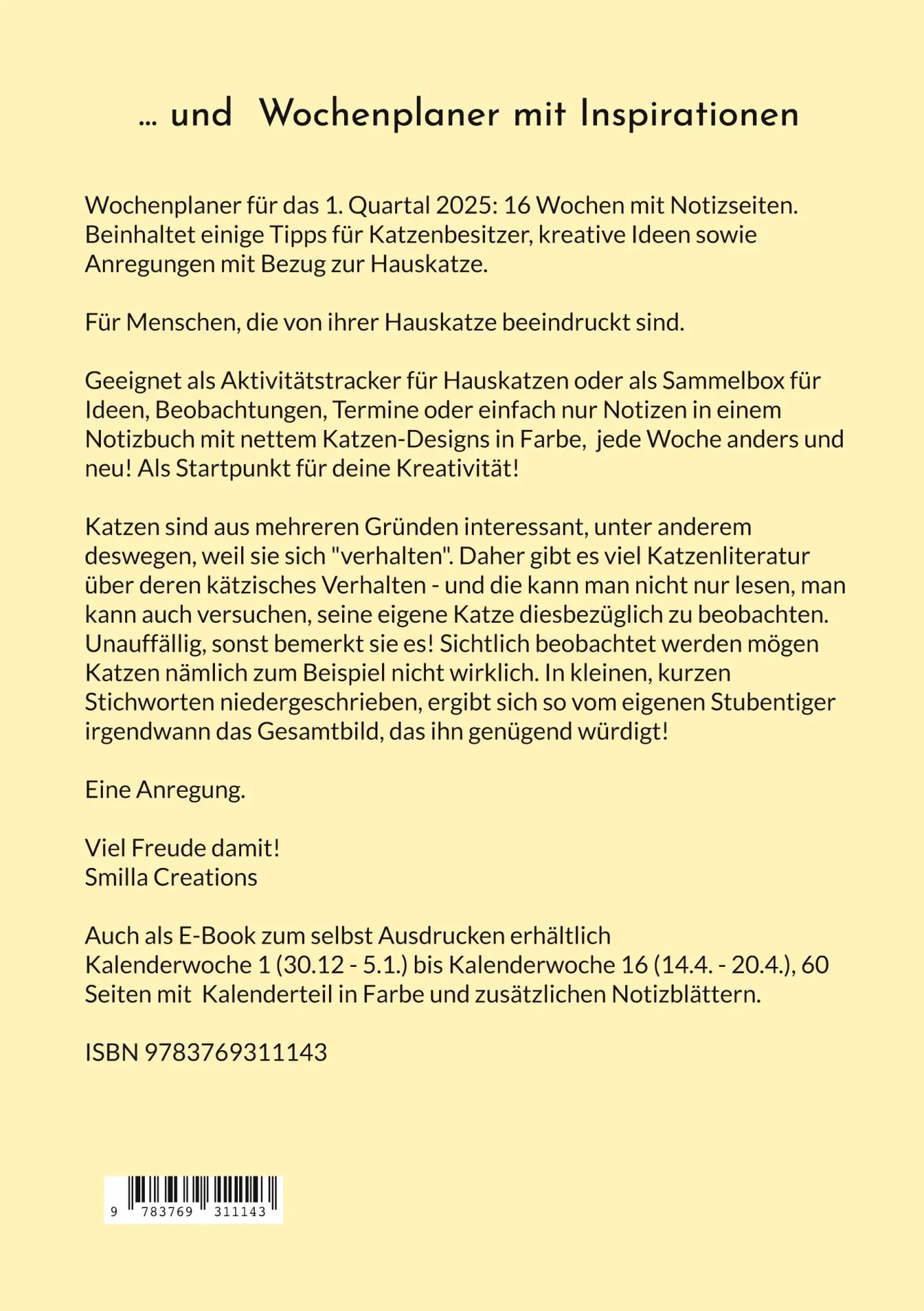 Rückseite: 9783769311143 | Katzen Notizbuch | ... und Wochenplaner mit Inspirationen | Creations