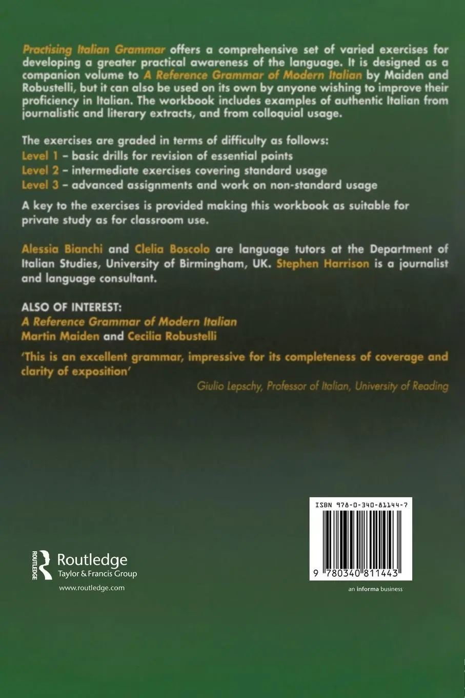 Rückseite: 9780340811443 | Practising Italian Grammar | A Workbook | Alessia Bianchi (u. a.)