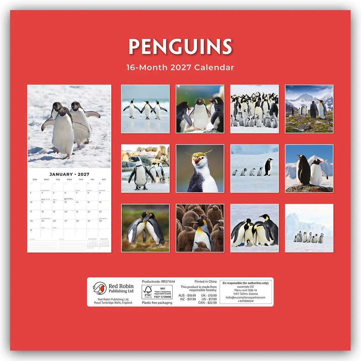 Rückseite: 9781837011643 | Penguins - Pinguine 2027 - 16-Monatskalender | Robin Red | Kalender