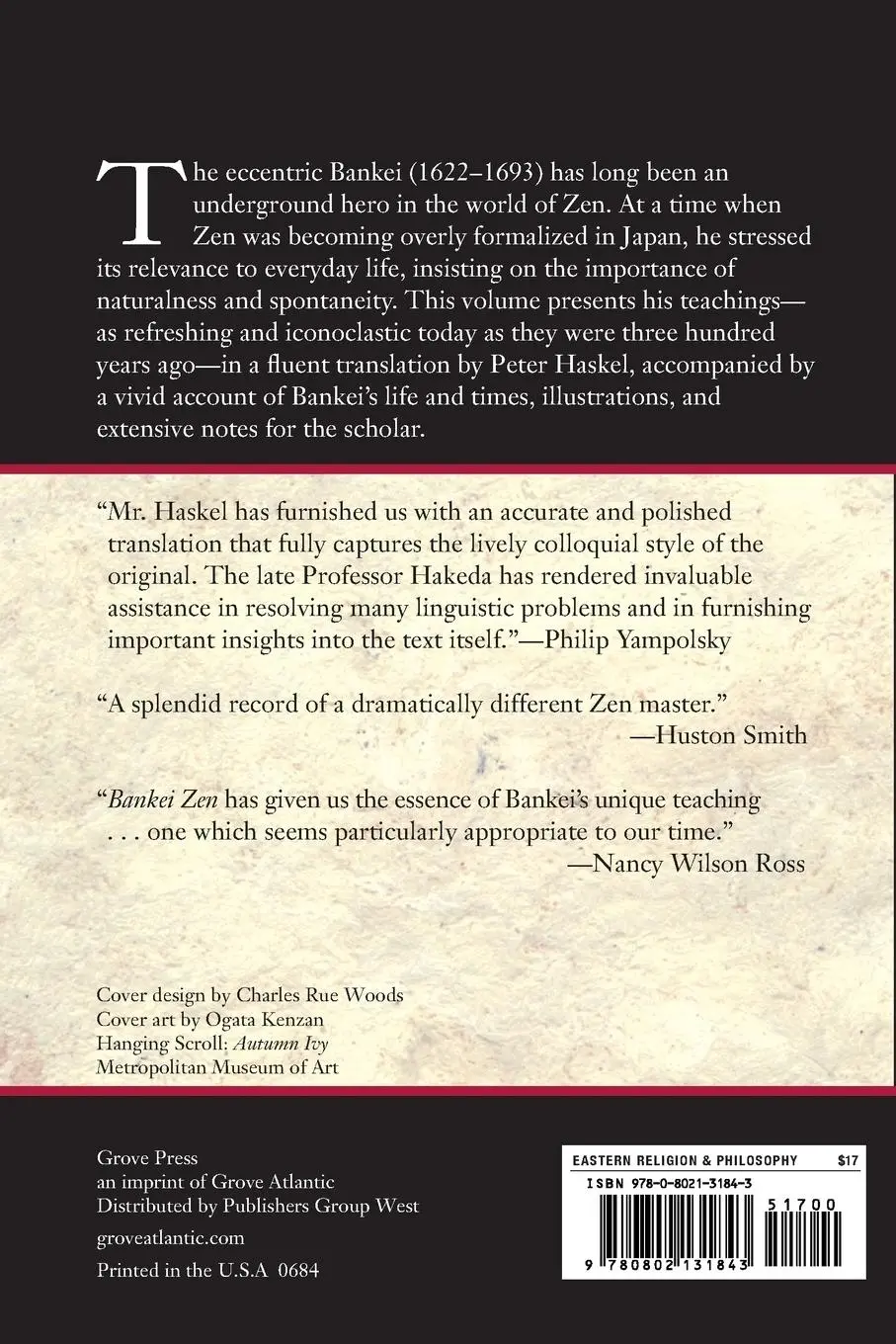 Rückseite: 9780802131843 | Bankei Zen | Translations from the Record of Bankei | Yoshito Hakeda