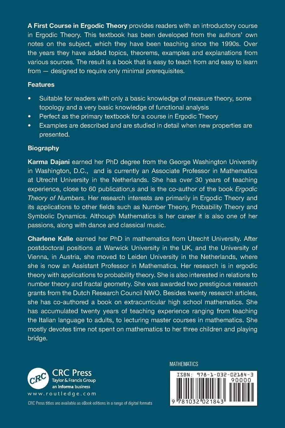 Rückseite: 9781032021843 | A First Course in Ergodic Theory | Karma Dajani (u. a.) | Taschenbuch