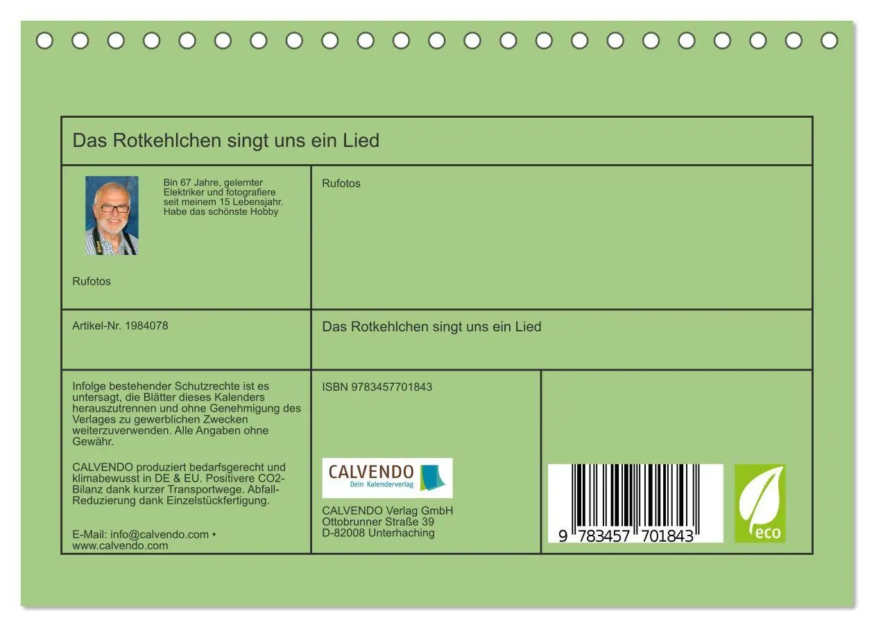 Bild: 9783457701843 | Das Rotkehlchen singt uns ein Lied (Tischkalender 2026 DIN A5...