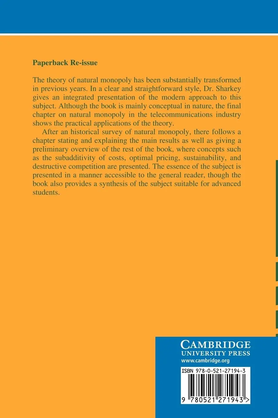 Rückseite: 9780521271943 | The Theory of Natural Monopoly | William W. Sharkey (u. a.) | Buch