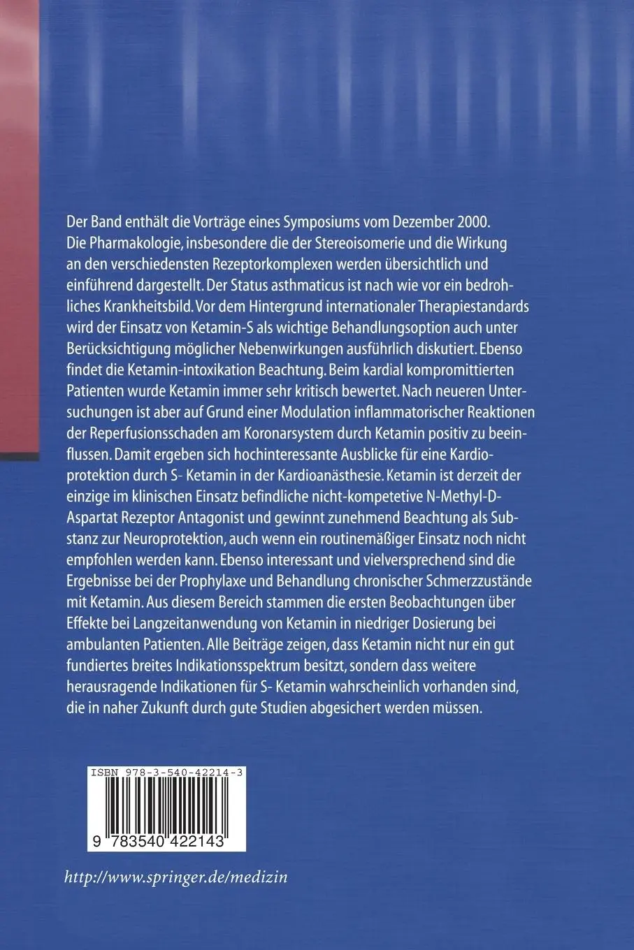 Rückseite: 9783540422143 | (S)-Ketamin | Aktuelle interdisziplinäre Aspekte | U. Hoppe (u. a.)