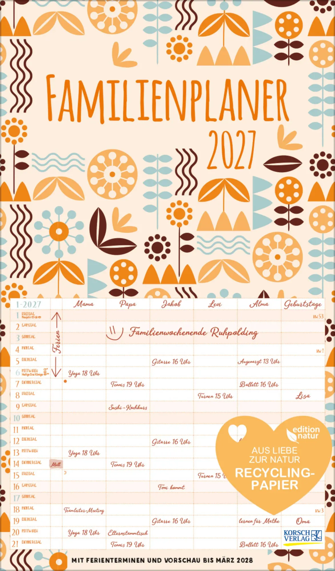 Cover: 9783819302343 | Familienplaner Recyclingpapier 2027 | Verlag Korsch | Kalender | 14 S.