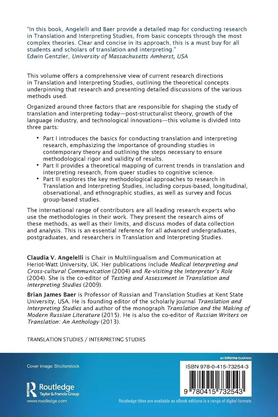 Rückseite: 9780415732543 | Researching Translation and Interpreting | Angelelli (u. a.) | Buch