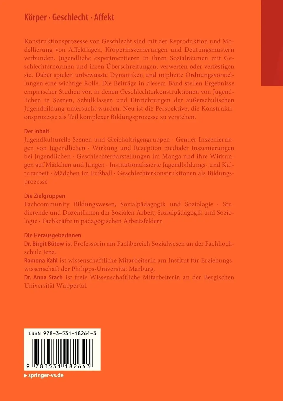Rückseite: 9783531182643 | Körper ¿ Geschlecht ¿ Affekt | Birgit Bütow (u. a.) | Taschenbuch | vi