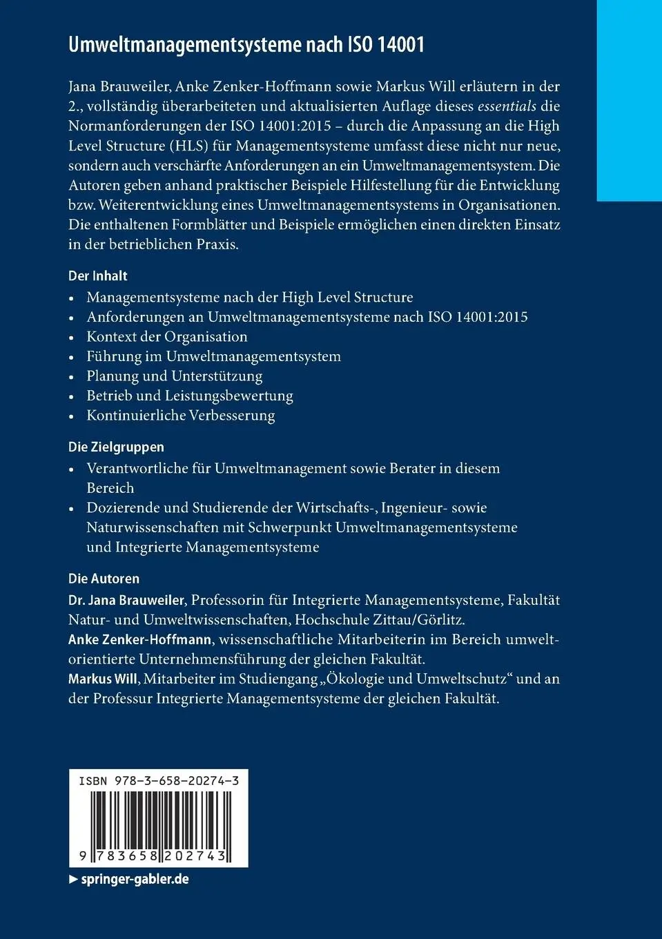 Rückseite: 9783658202743 | Umweltmanagementsysteme nach ISO 14001 | Grundwissen für Praktiker