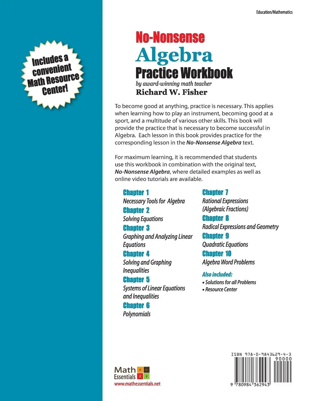 Rückseite: 9780984362943 | No-Nonsense Algebra Practice Workbook | Richard W Fisher | Taschenbuch