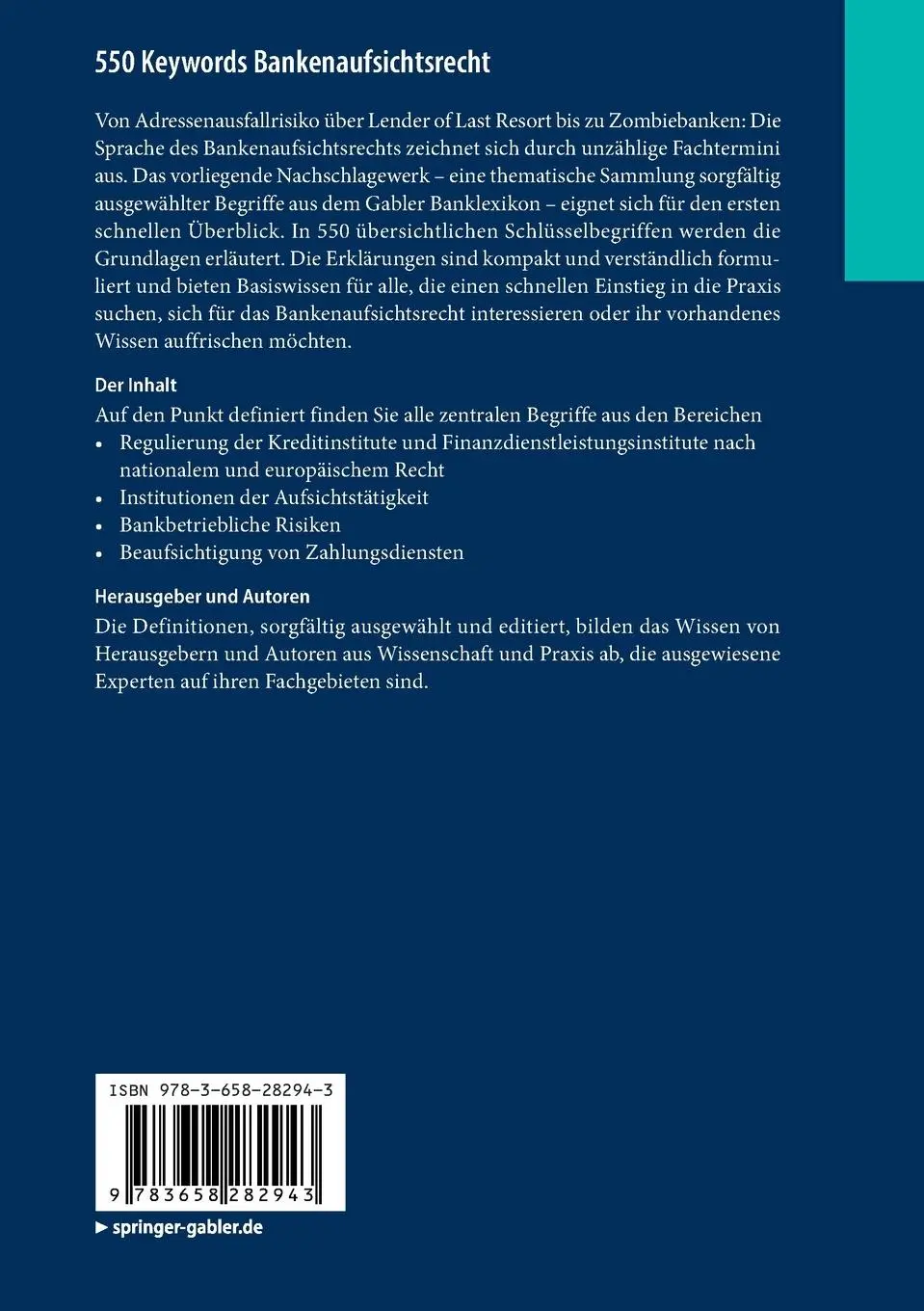 Rückseite: 9783658282943 | 550 Keywords Bankenaufsichtsrecht | Ludwig Gramlich (u. a.) | Buch
