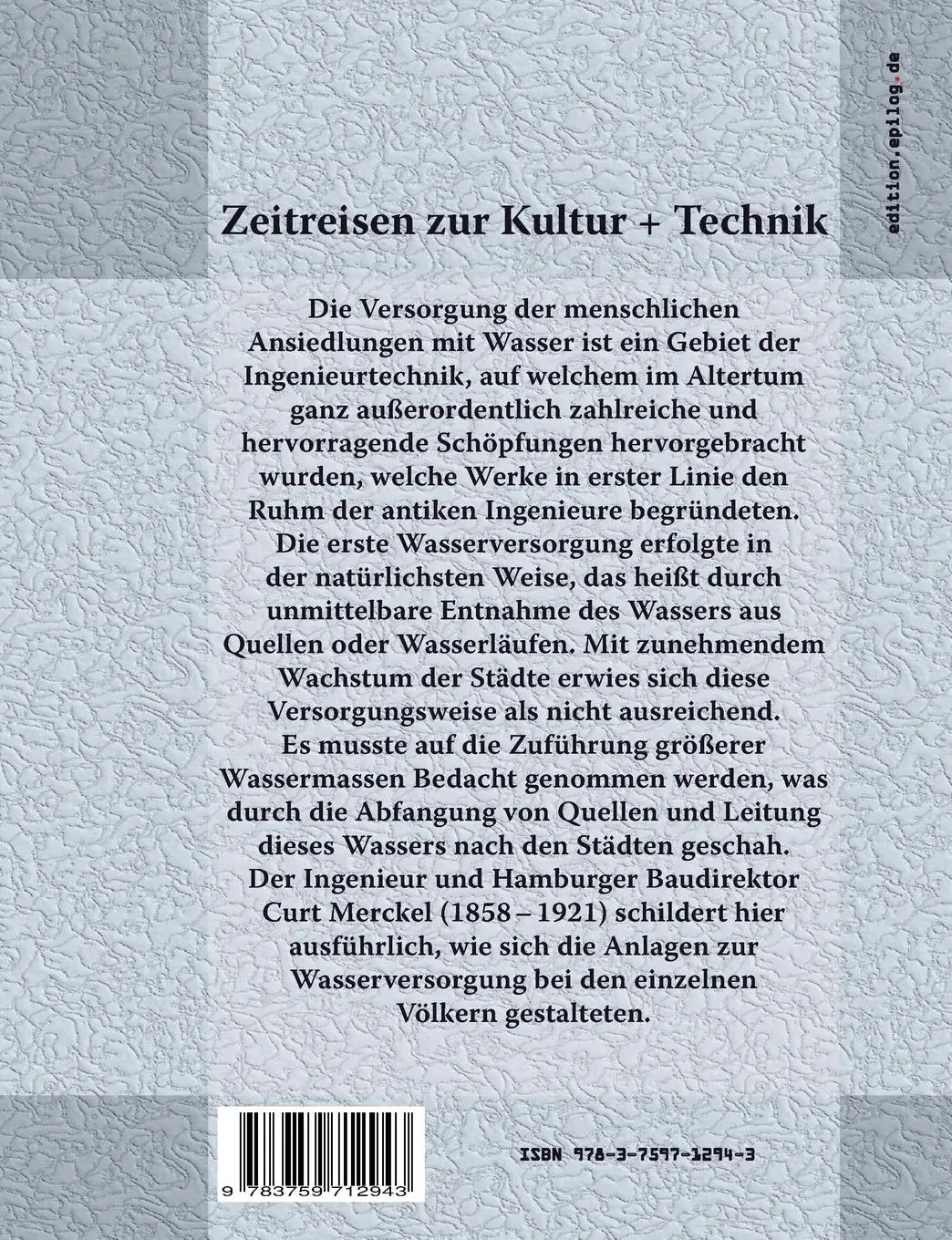Rückseite: 9783759712943 | Städtische Wasserversorgung im Altertum | Curt Merckel | Taschenbuch