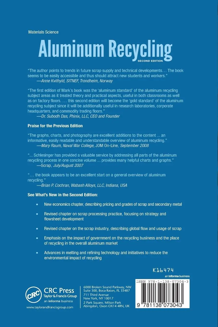 Rückseite: 9781138073043 | Aluminum Recycling | Mark E. Schlesinger | Taschenbuch | Englisch