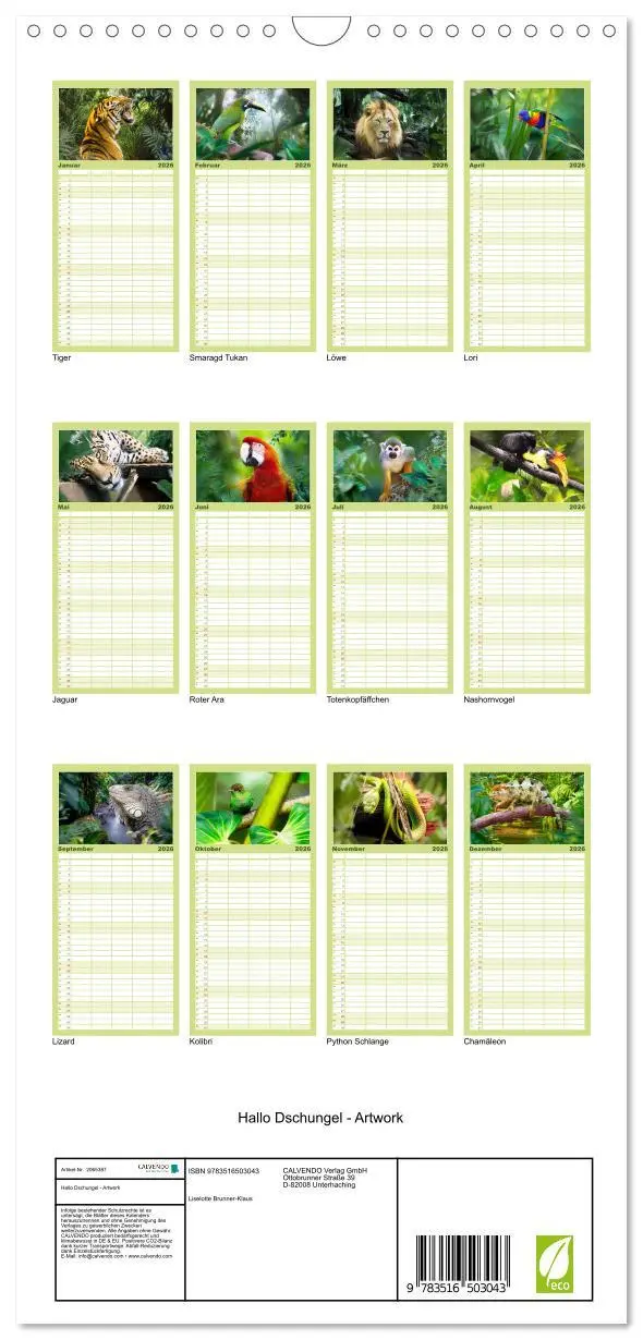 Bild: 9783516503043 | Familienplaner 2026 - Hallo Dschungel - Artwork mit 5 Spalten...