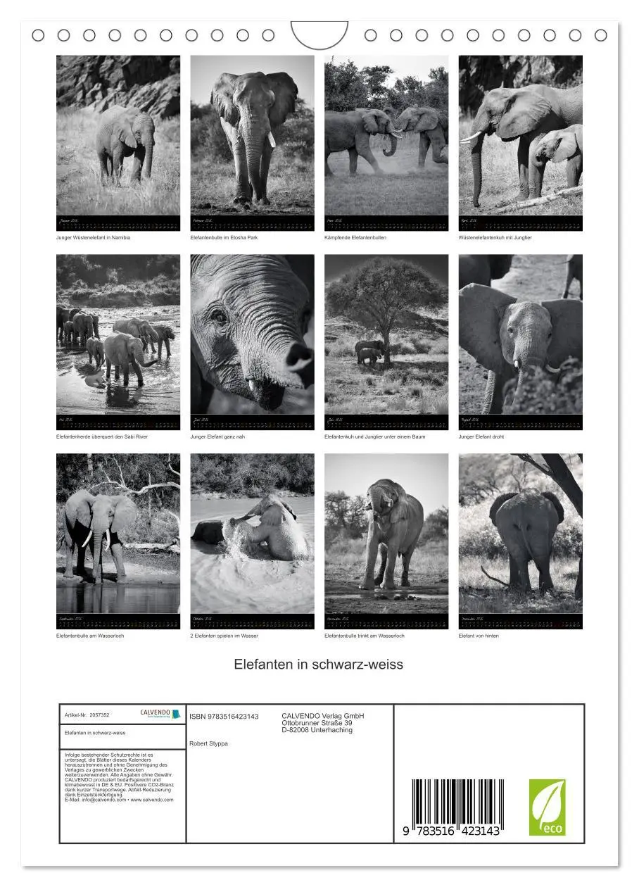 Bild: 9783516423143 | Elefanten in schwarz-weiss (Wandkalender 2026 DIN A4 hoch),...