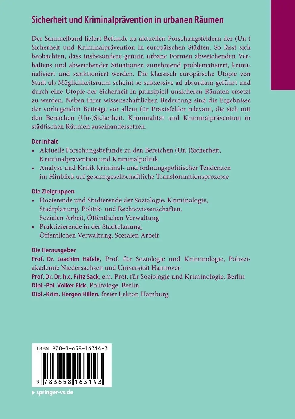 Rückseite: 9783658163143 | Sicherheit und Kriminalprävention in urbanen Räumen | Häfele (u. a.)
