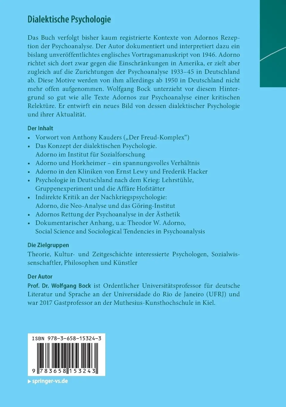 Rückseite: 9783658153243 | Dialektische Psychologie | Adornos Rezeption der Psychoanalyse | Bock