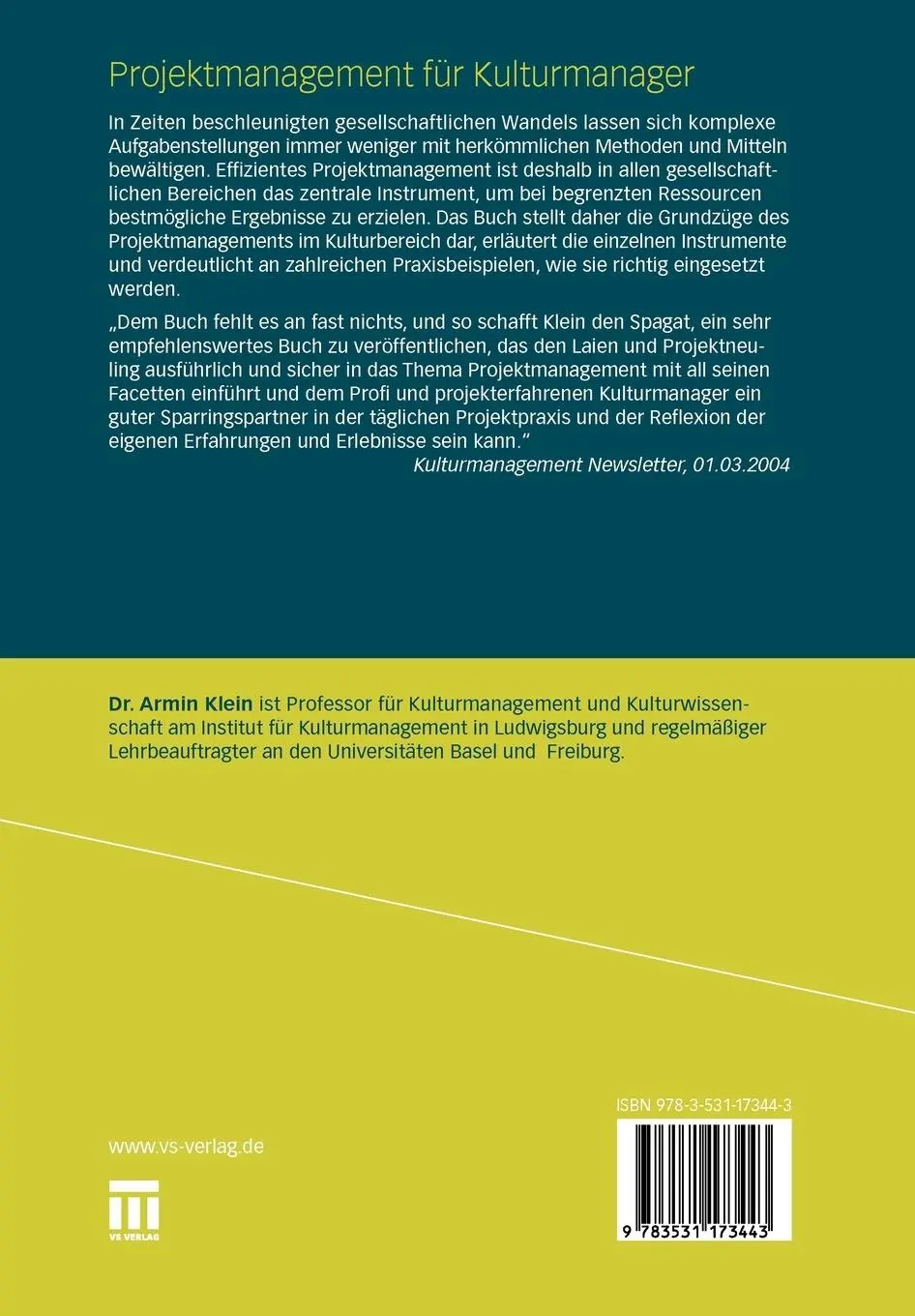 Rückseite: 9783531173443 | Projektmanagement für Kulturmanager | Armin Klein | Taschenbuch | 2010