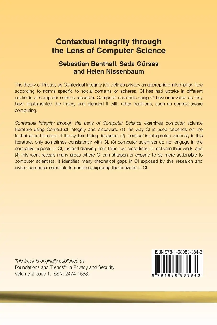 Rückseite: 9781680833843 | Contextual Integrity through the Lens of Computer Science | Buch