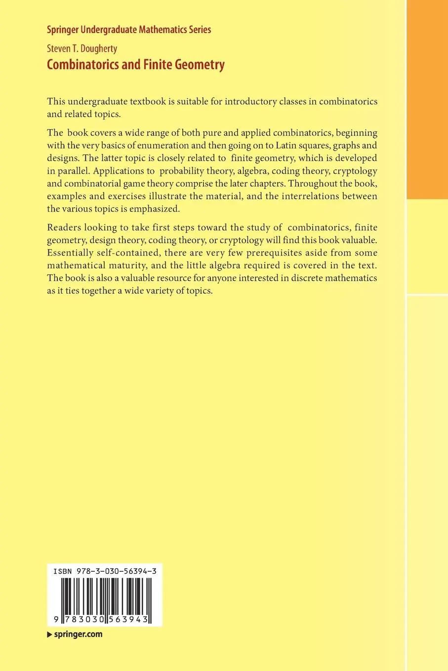 Rückseite: 9783030563943 | Combinatorics and Finite Geometry | Steven T. Dougherty | Taschenbuch