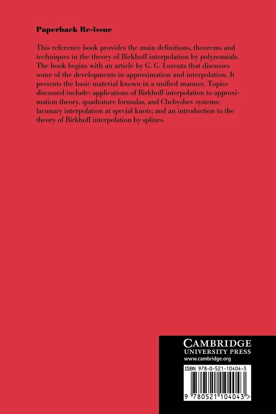 Rückseite: 9780521104043 | Birkhoff Interpolation | George G. Lorentz (u. a.) | Taschenbuch