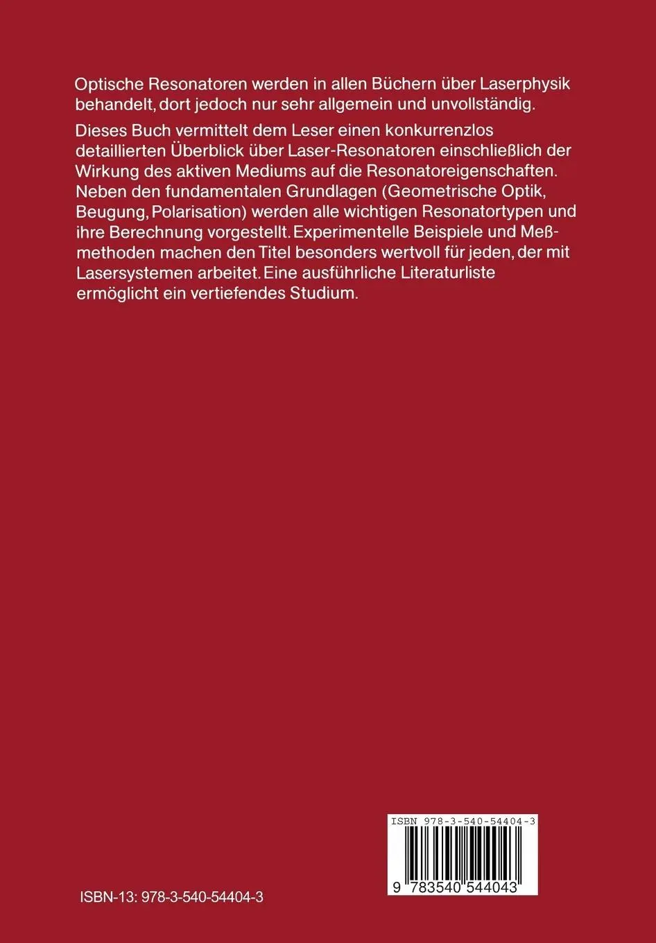 Rückseite: 9783540544043 | Optische Resonatoren | Grundlagen · Eigenschaften Optimierung | Buch