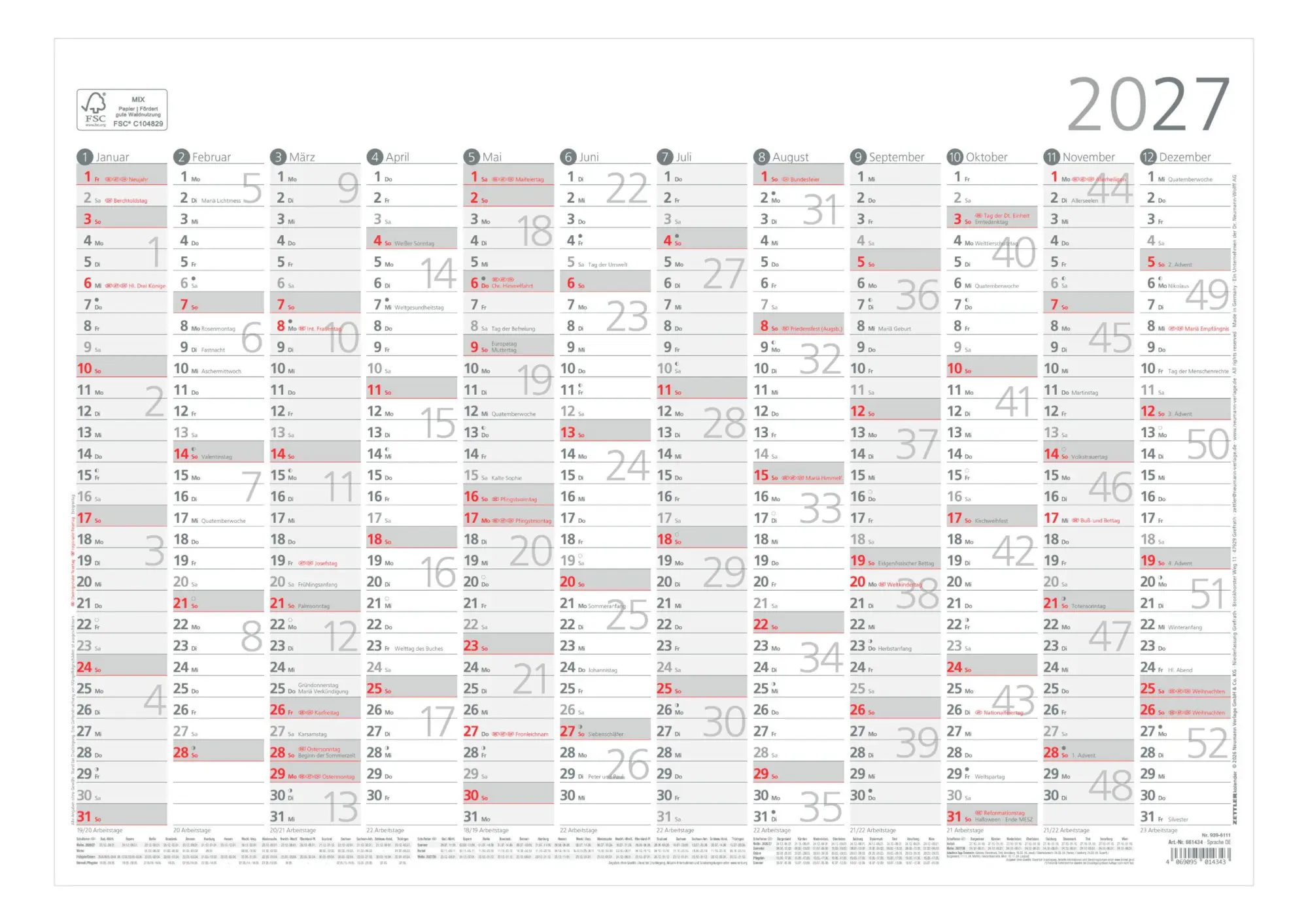 Cover: 4069095014343 | Jahresübersicht A3 12 Mon 1 Stk. plano 2027 | KG | Kalender | 1 S.