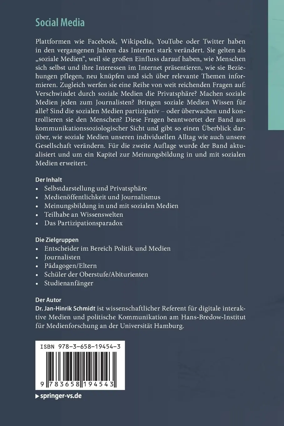 Rückseite: 9783658194543 | Social Media | Jan-Hinrik Schmidt | Taschenbuch | Medienwissen kompakt