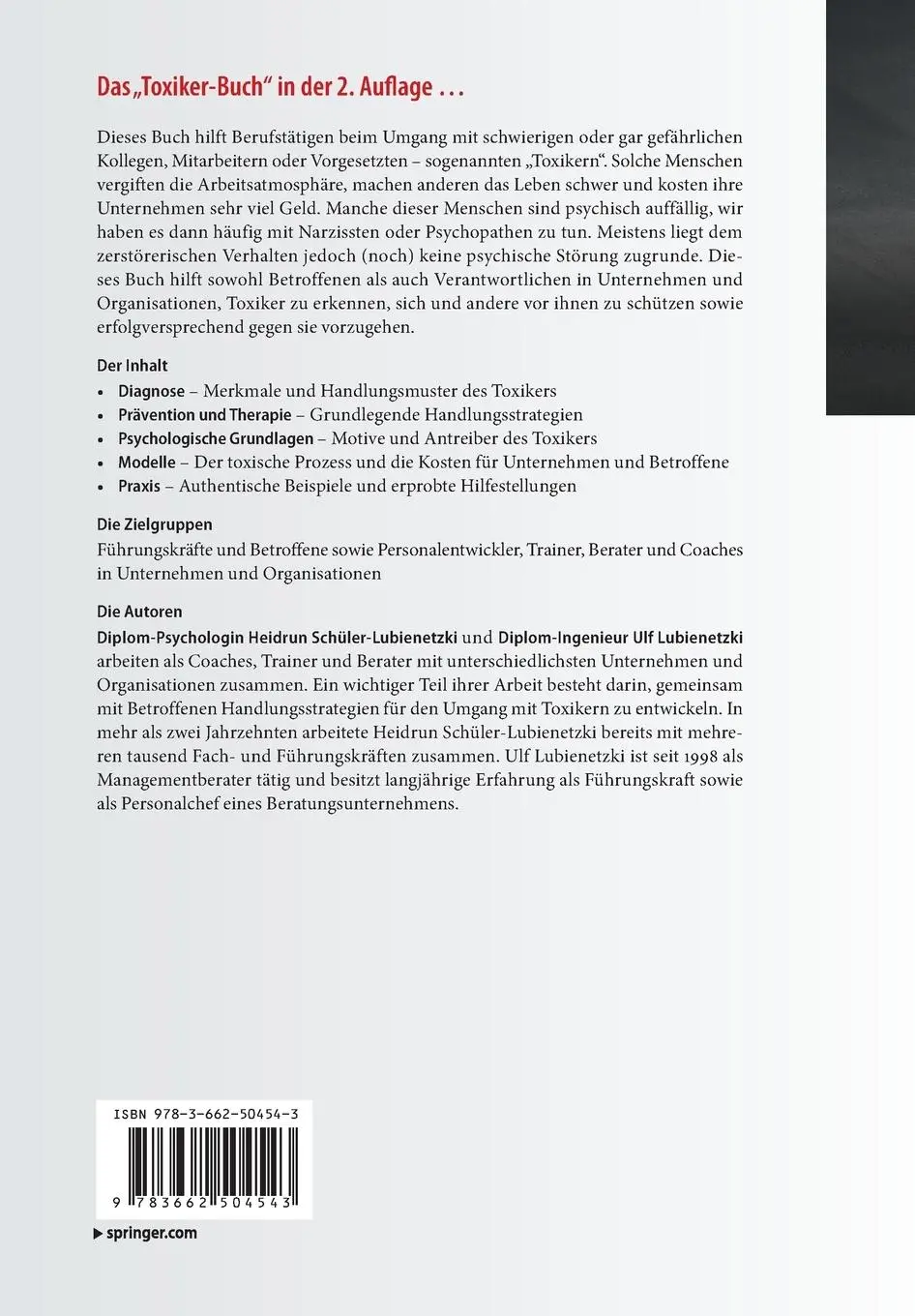 Rückseite: 9783662504543 | Schwierige Menschen am Arbeitsplatz | Ulf Lubienetzki (u. a.) | Buch