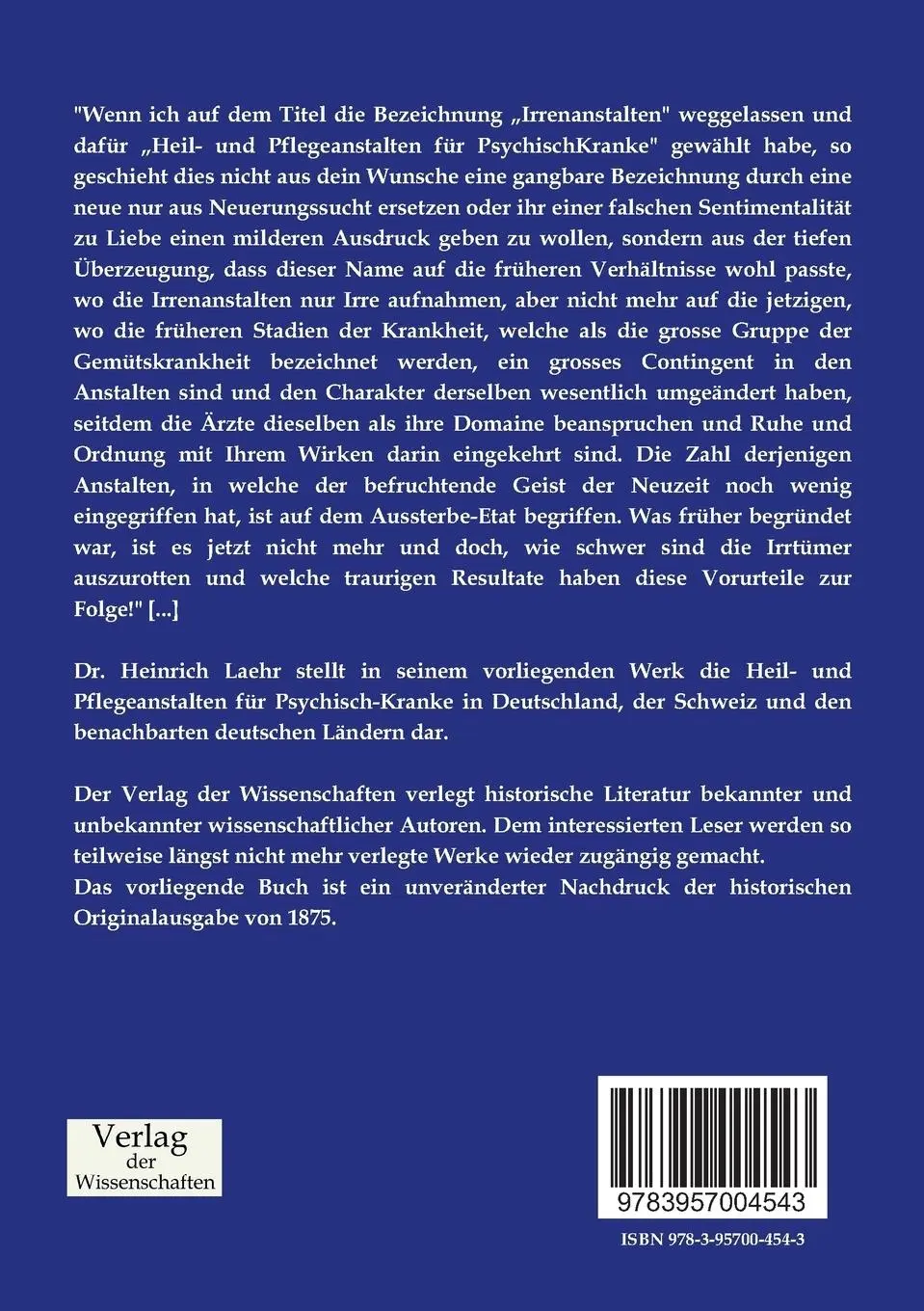 Rückseite: 9783957004543 | Die Heil- und Pflegeanstalten für Psychisch-Kranke | Heinrich Laehr