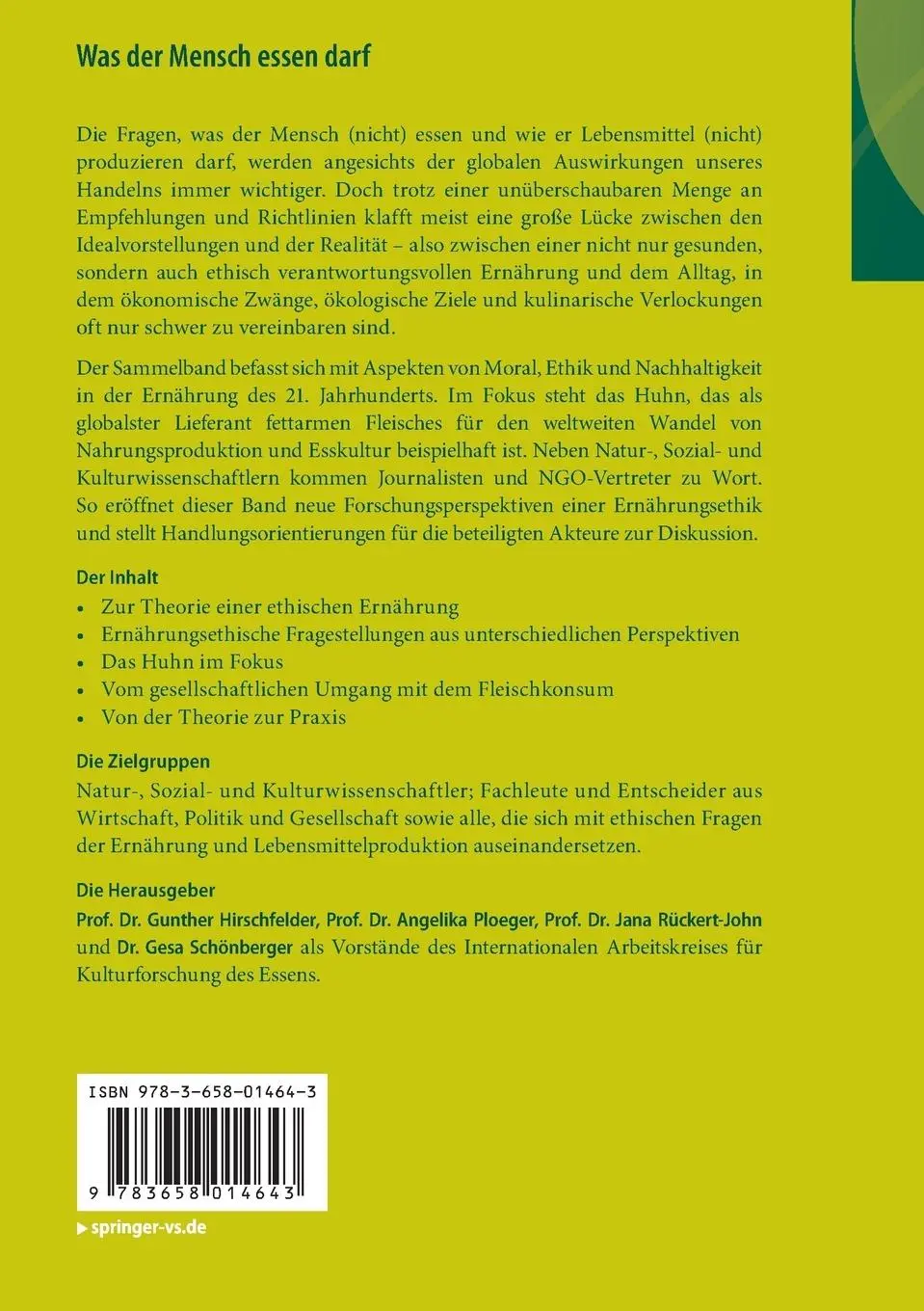 Rückseite: 9783658014643 | Was der Mensch essen darf | Gunther Hirschfelder (u. a.) | Taschenbuch