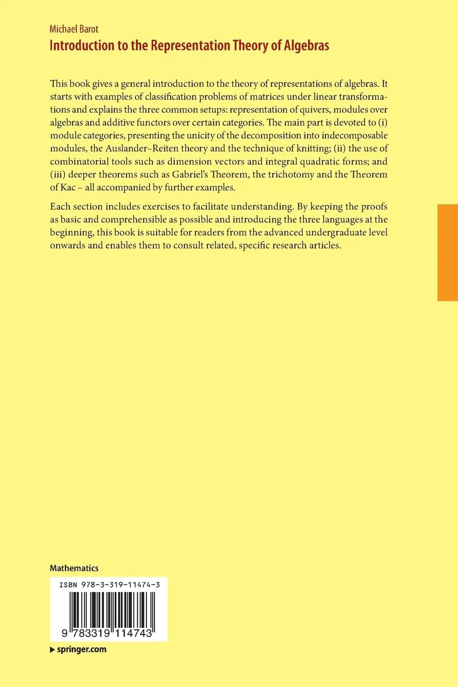 Rückseite: 9783319114743 | Introduction to the Representation Theory of Algebras | Michael Barot