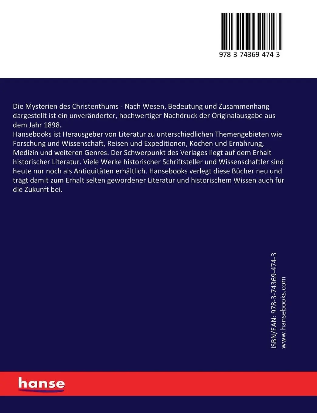 Rückseite: 9783743694743 | Die Mysterien des Christenthums | Matthias Joseph Küpper Scheeben