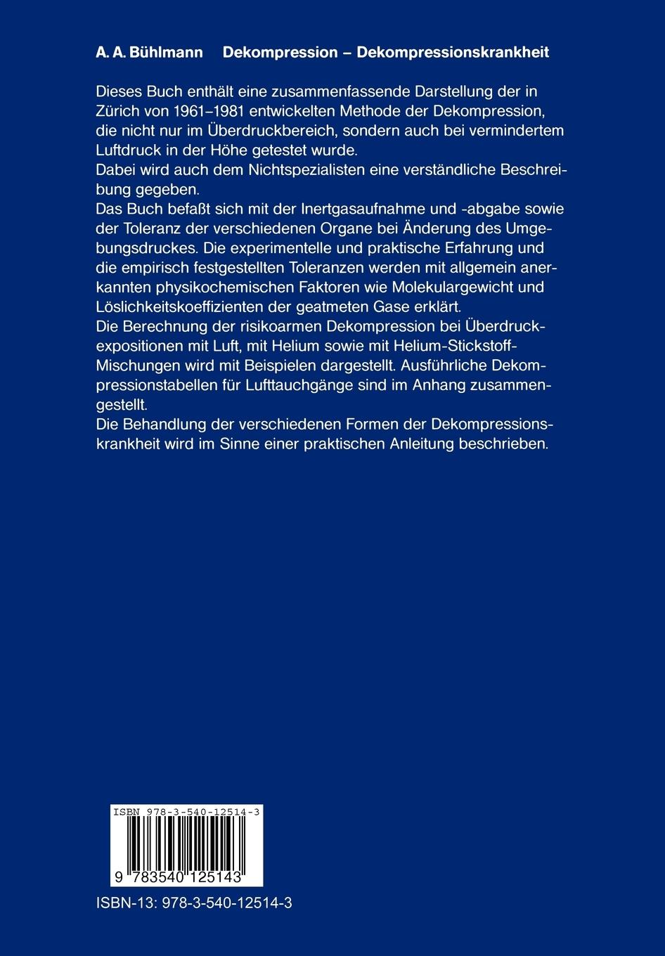 Rückseite: 9783540125143 | Dekompression - Dekompressionskrankheit | A. A. Bühlmann | Taschenbuch
