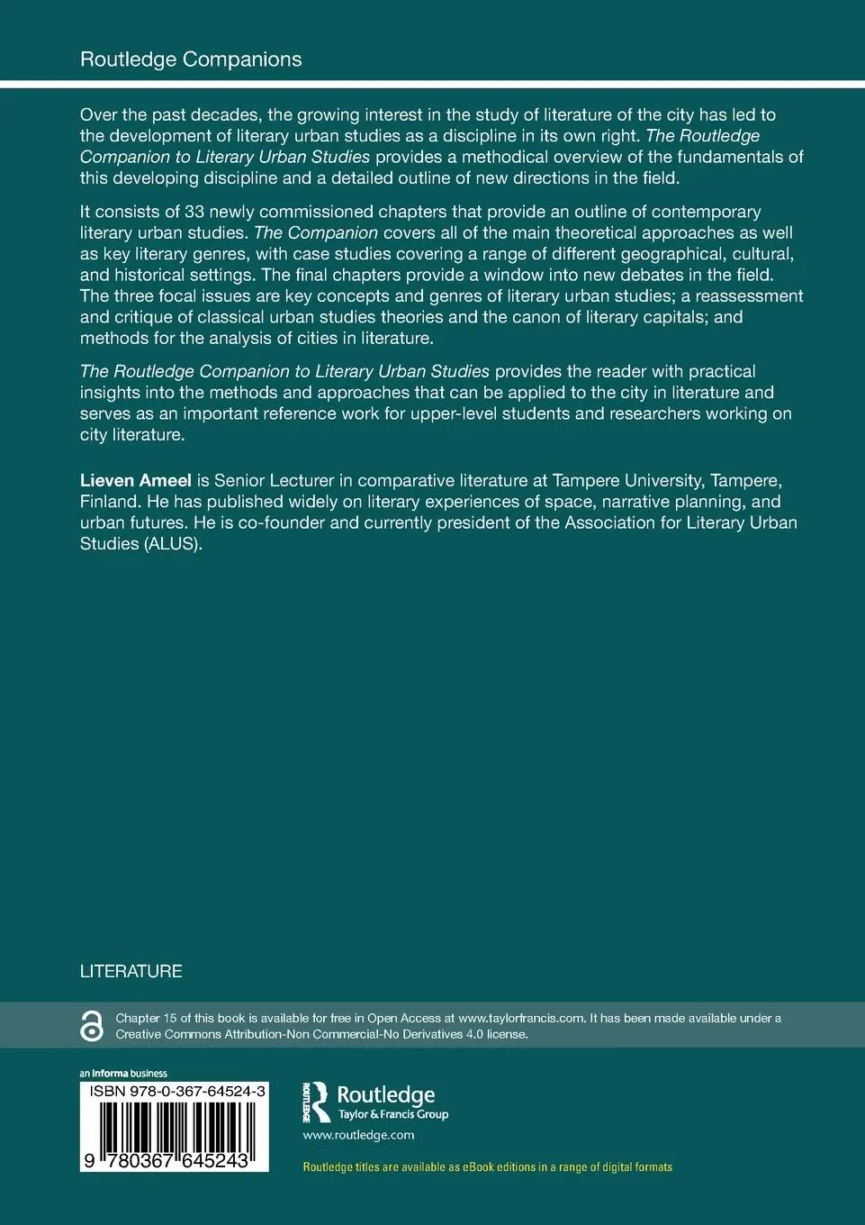 Rückseite: 9780367645243 | The Routledge Companion to Literary Urban Studies | Lieven Ameel