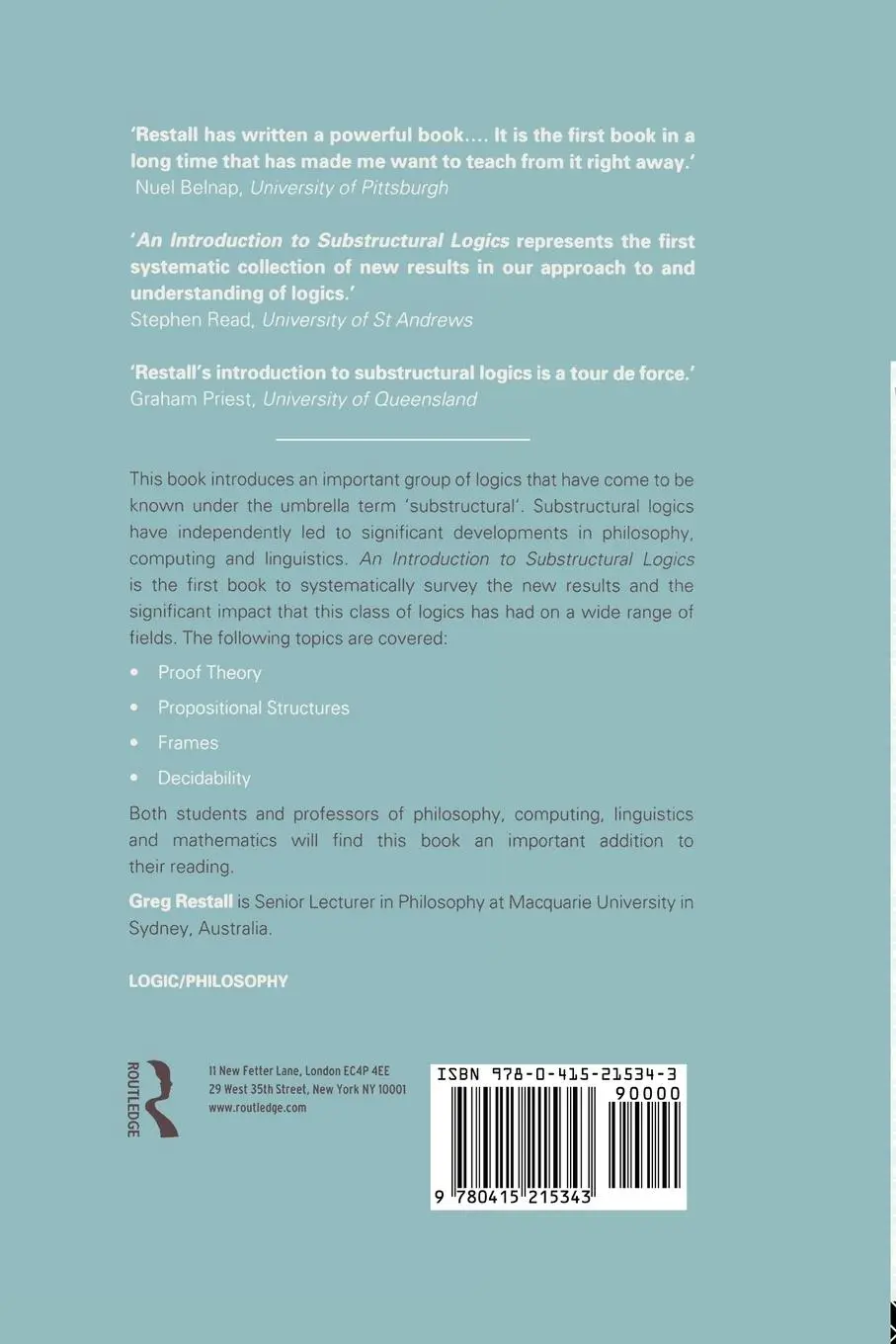 Rückseite: 9780415215343 | An Introduction to Substructural Logics | Greg Restall | Taschenbuch