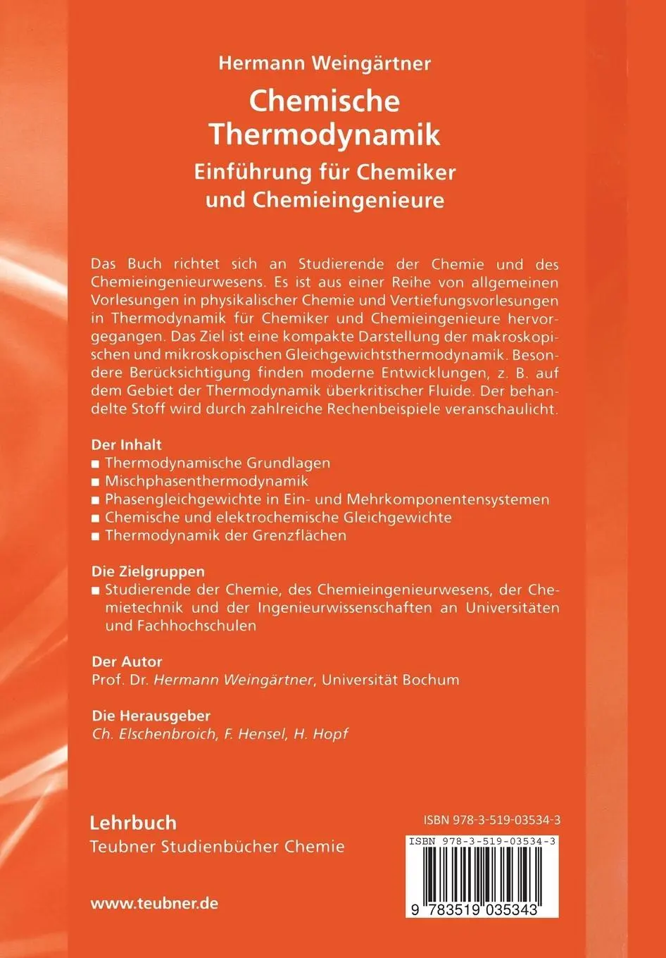 Rückseite: 9783519035343 | Chemische Thermodynamik | Einführung für Chemiker und Chemieingenieure