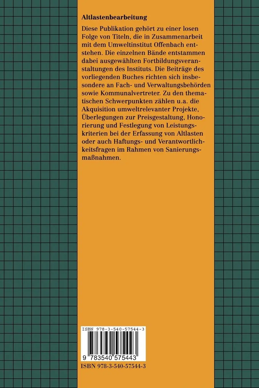 Rückseite: 9783540575443 | Altlastenbearbeitung | Ausschreibungs- und Vergabepraxis | Taschenbuch