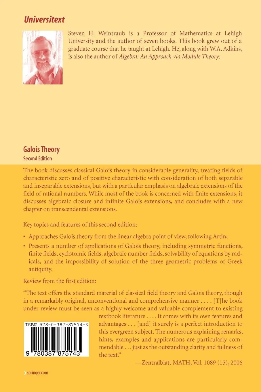 Rückseite: 9780387875743 | Galois Theory | Steven H. Weintraub | Taschenbuch | xiv | Englisch