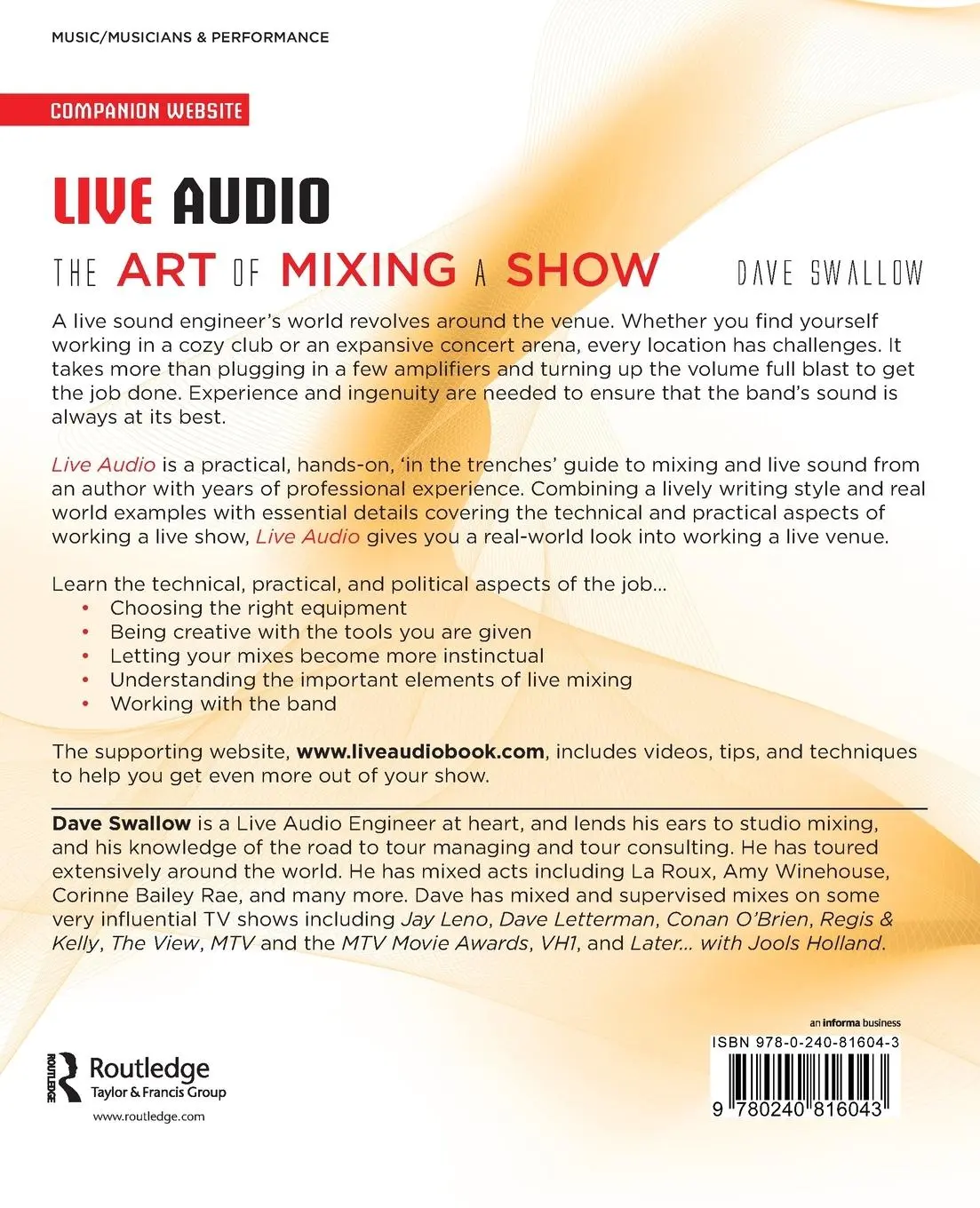Rückseite: 9780240816043 | Live Audio | The Art of Mixing a Show | Dave Swallow | Taschenbuch