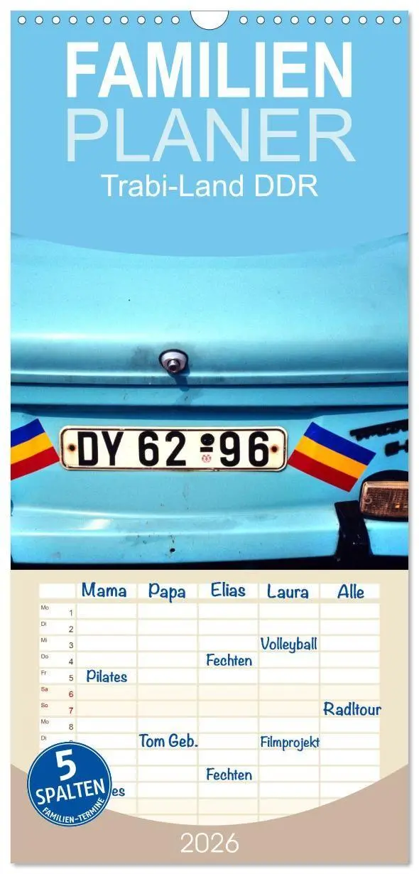 Cover: 9783457286043 | Familienplaner 2026 - Trabi-Land DDR mit 5 Spalten (Wandkalender,...