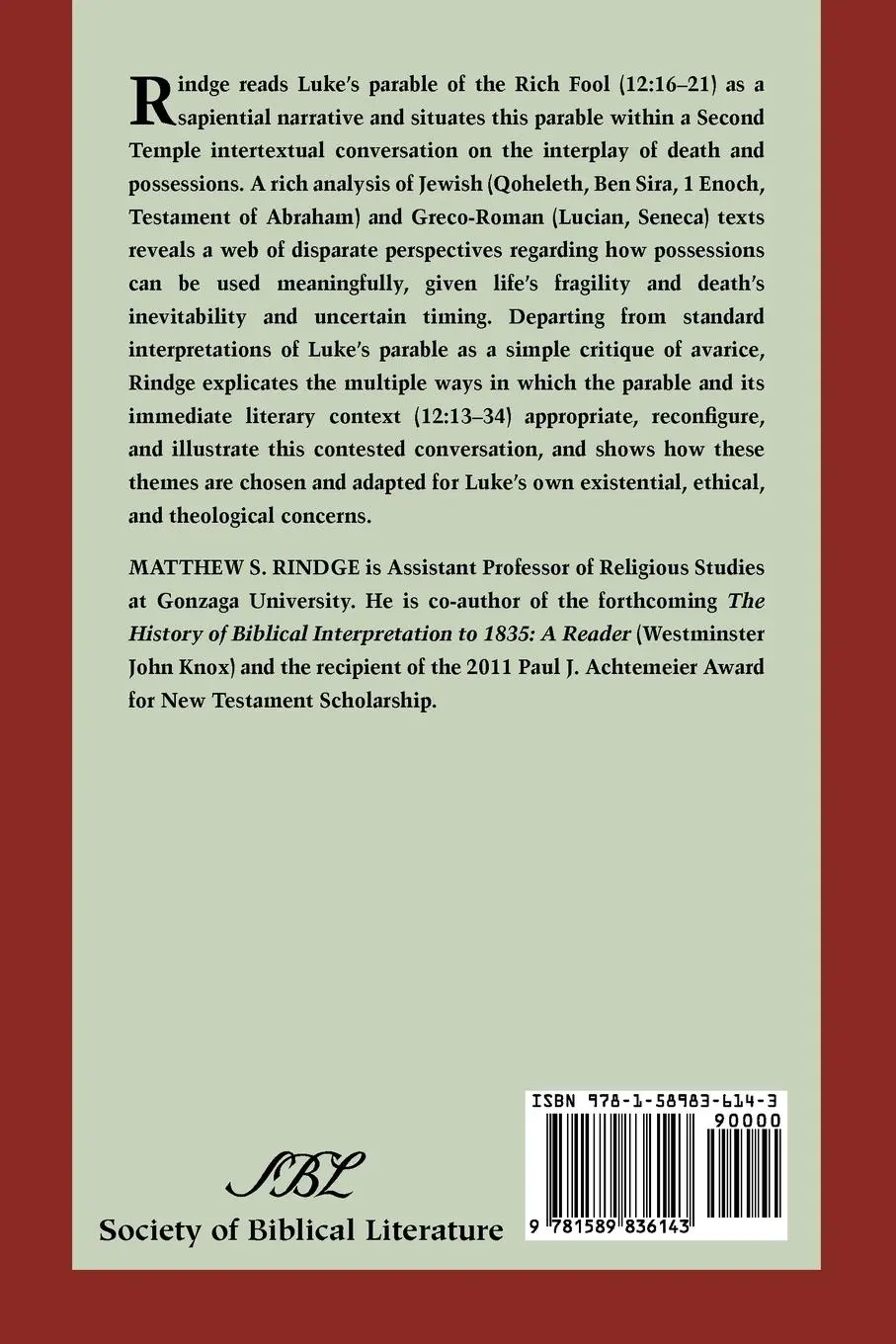 Rückseite: 9781589836143 | Jesus' Parable of the Rich Fool | Matthew S. Rindge | Taschenbuch