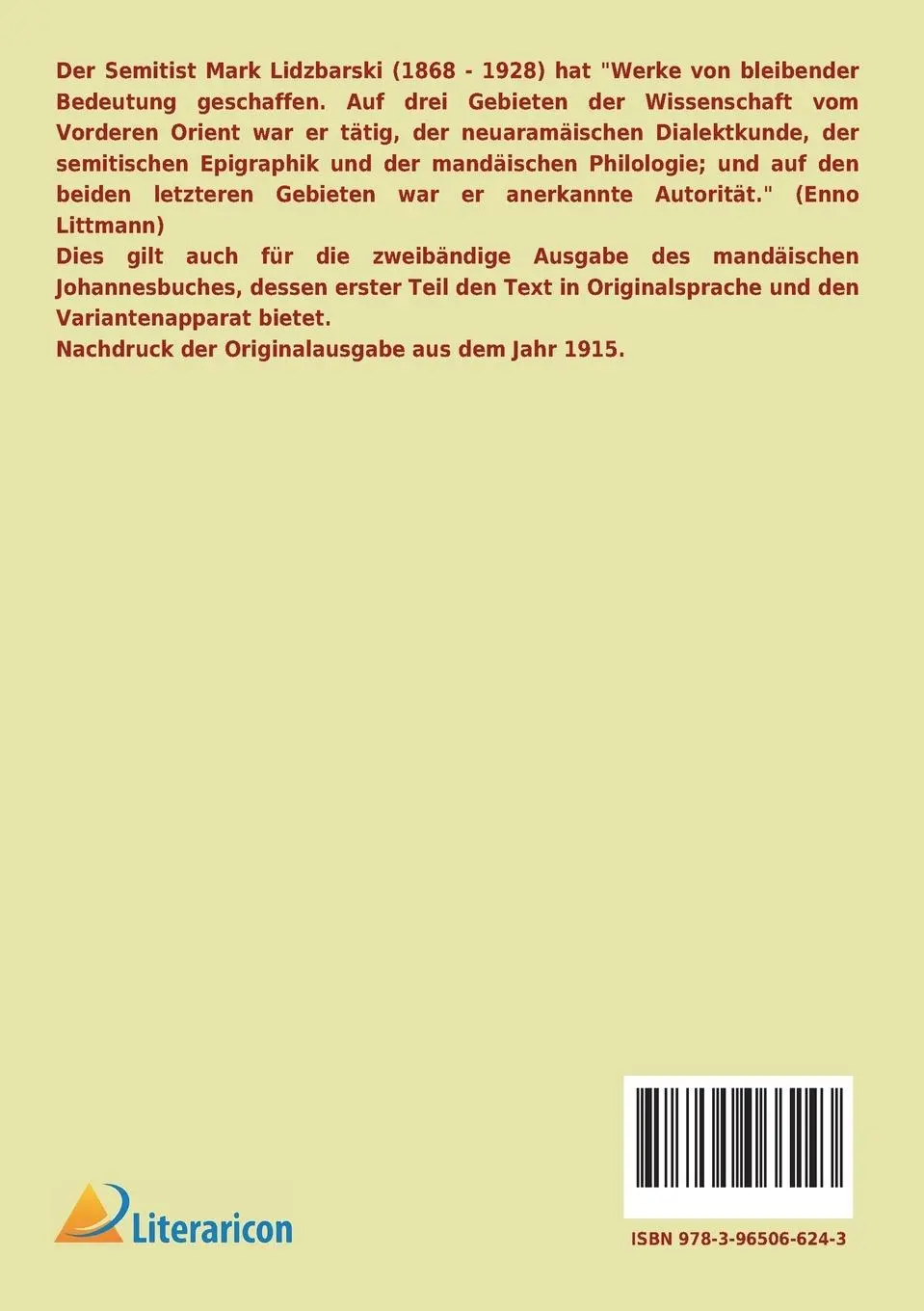 Rückseite: 9783965066243 | Das Johannisbuch der Mandäer | 1. Teil - Text und Variantenapparat