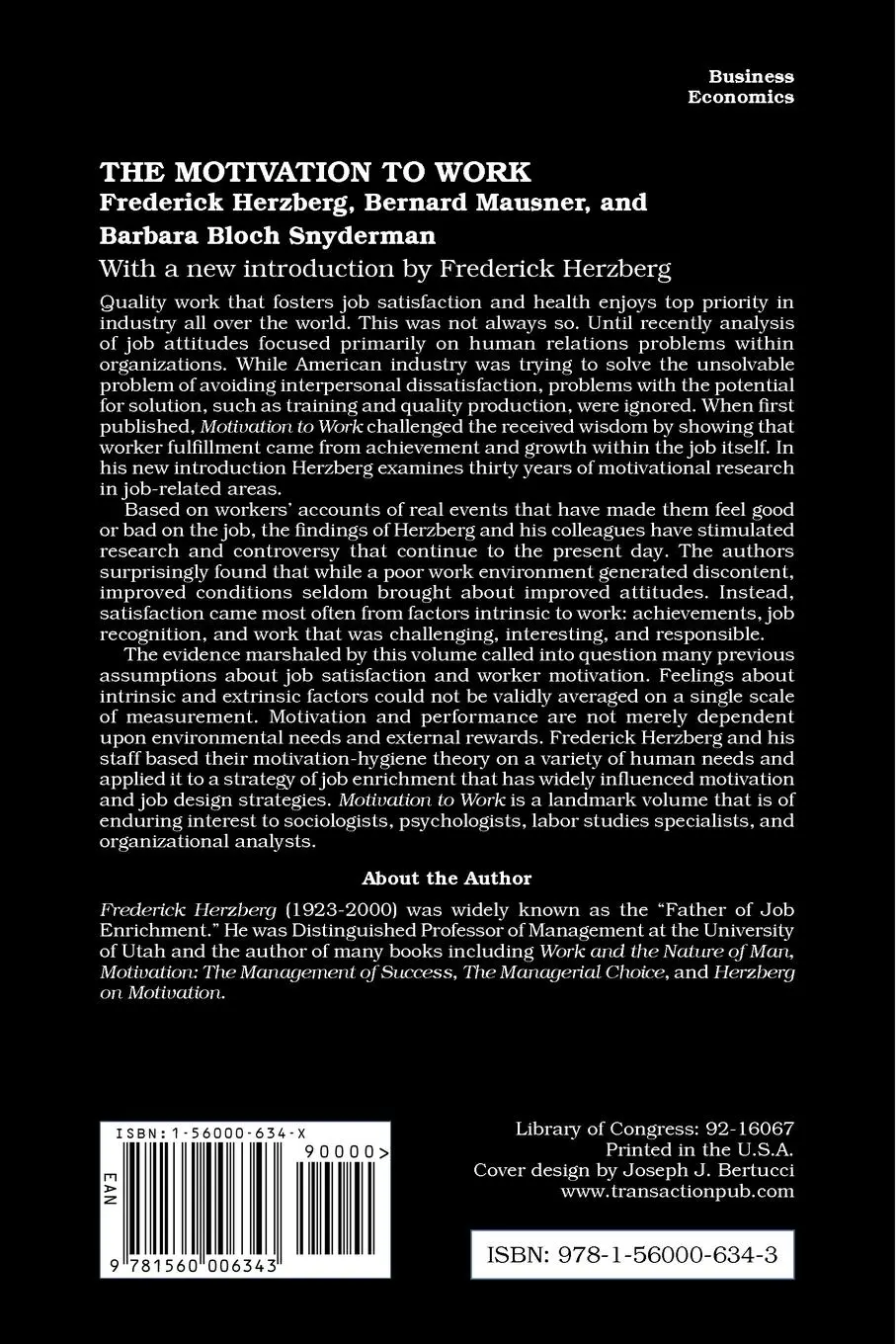 Rückseite: 9781560006343 | Motivation to Work | Frederick Herzberg | Taschenbuch | Englisch