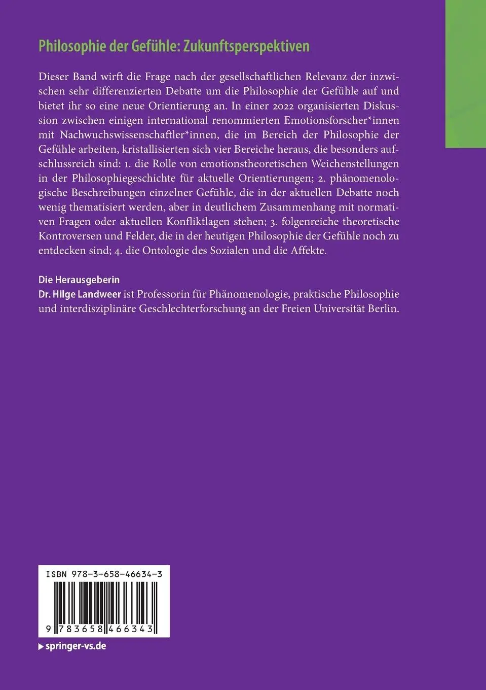 Rückseite: 9783658466343 | Philosophie der Gefühle: Zukunftsperspektiven | Hilge Landweer | Buch